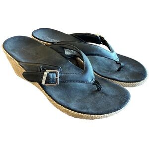 Vionic Polina Black Leather Wedge Sandals Women’s 8 Espadrille Style